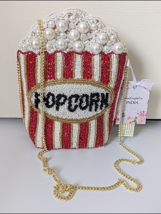 Handcrafted in India Handbags - Beaded Popcorn Bag with Pearl Top - Red, White, Gold NWT